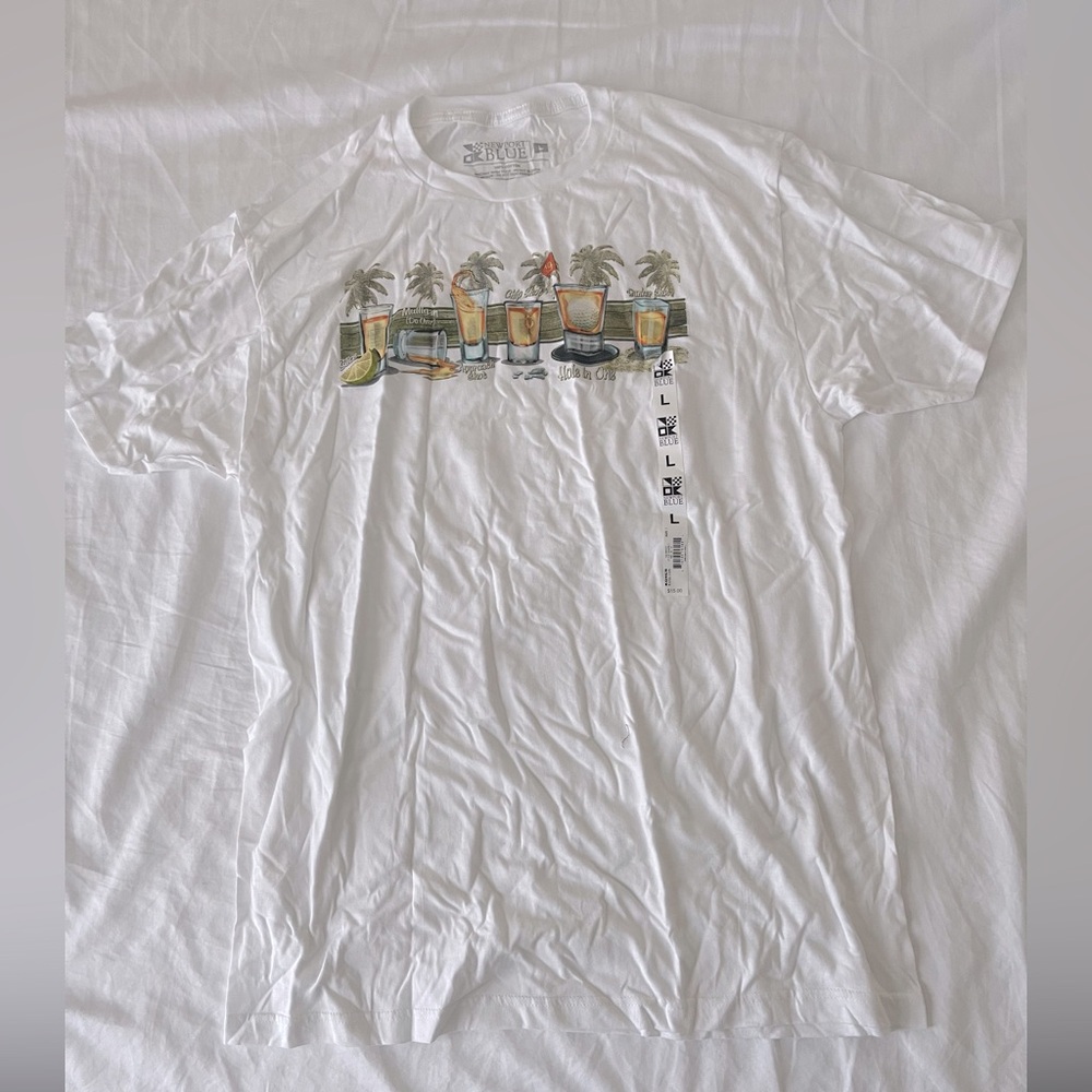 Newport Blue White Tee with Tropical Drink and Golf Graphic size large